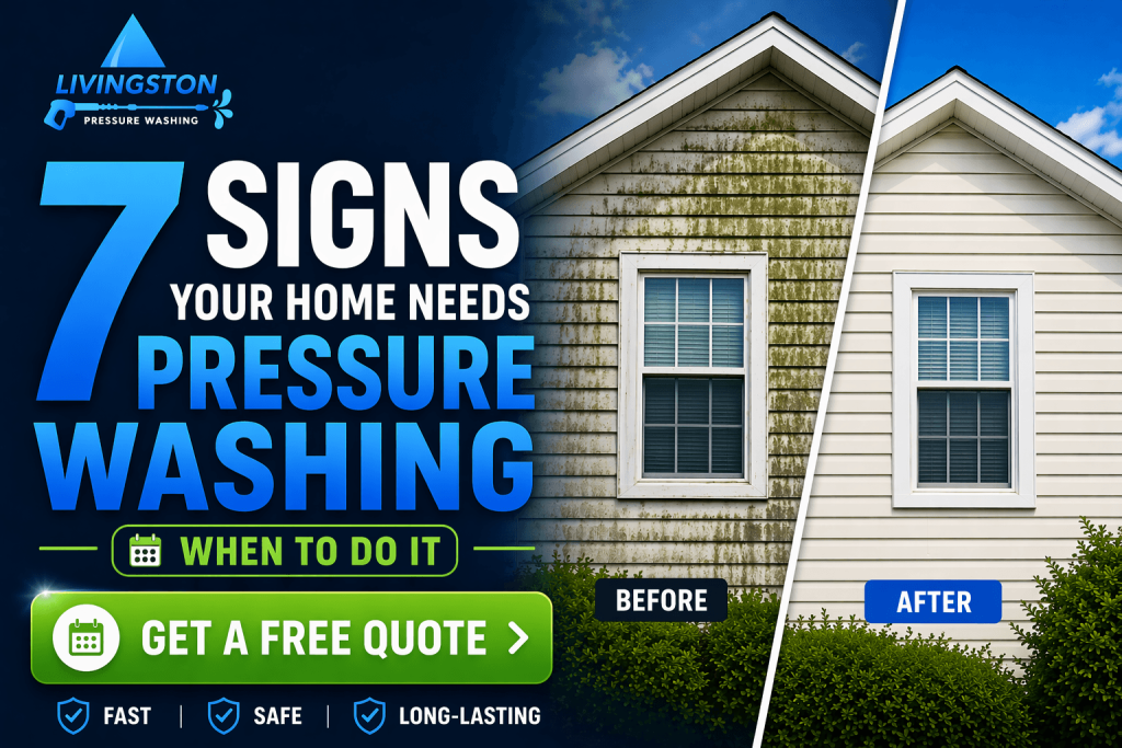 signs your home needs pressure washing including algae stains dirt buildup and before and after siding cleaning comparison