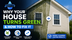 House siding turning green from algae compared to clean exterior after pressure washing showing how to fix green buildup on homes