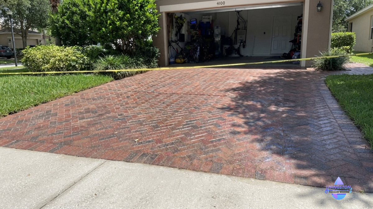 Before and after paver cleaning showing algae removal ready for sealing in Howell MI