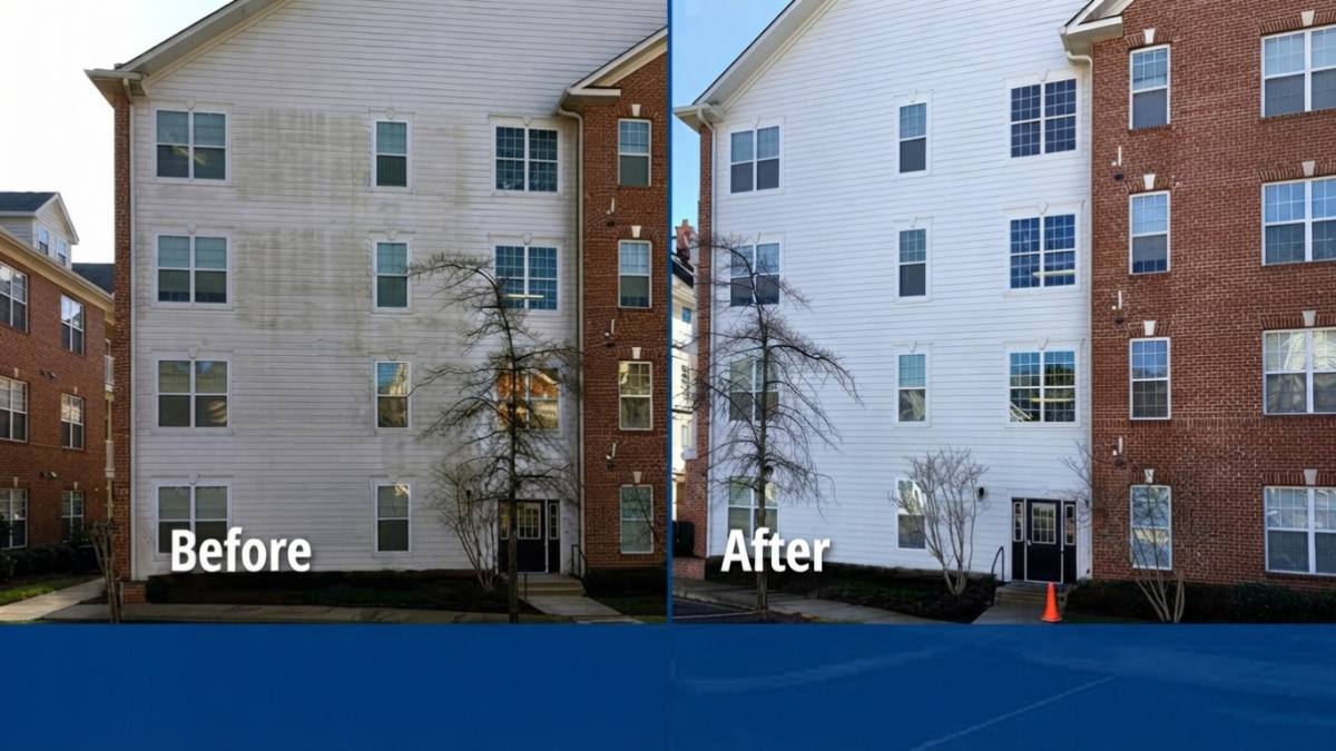 Before and after house washing showing algae removal on a two-story home in Hartland MI