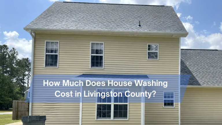 House washing cost Livingston County – soft washed two-story vinyl colonial in Howell with clean north side after algae removal