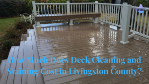 Professional deck cleaning before staining on a wood deck in Livingston County Michigan