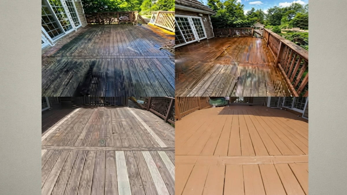 Before and after deck cleaning showing gray wood restored and ready for stain in Hartland MI