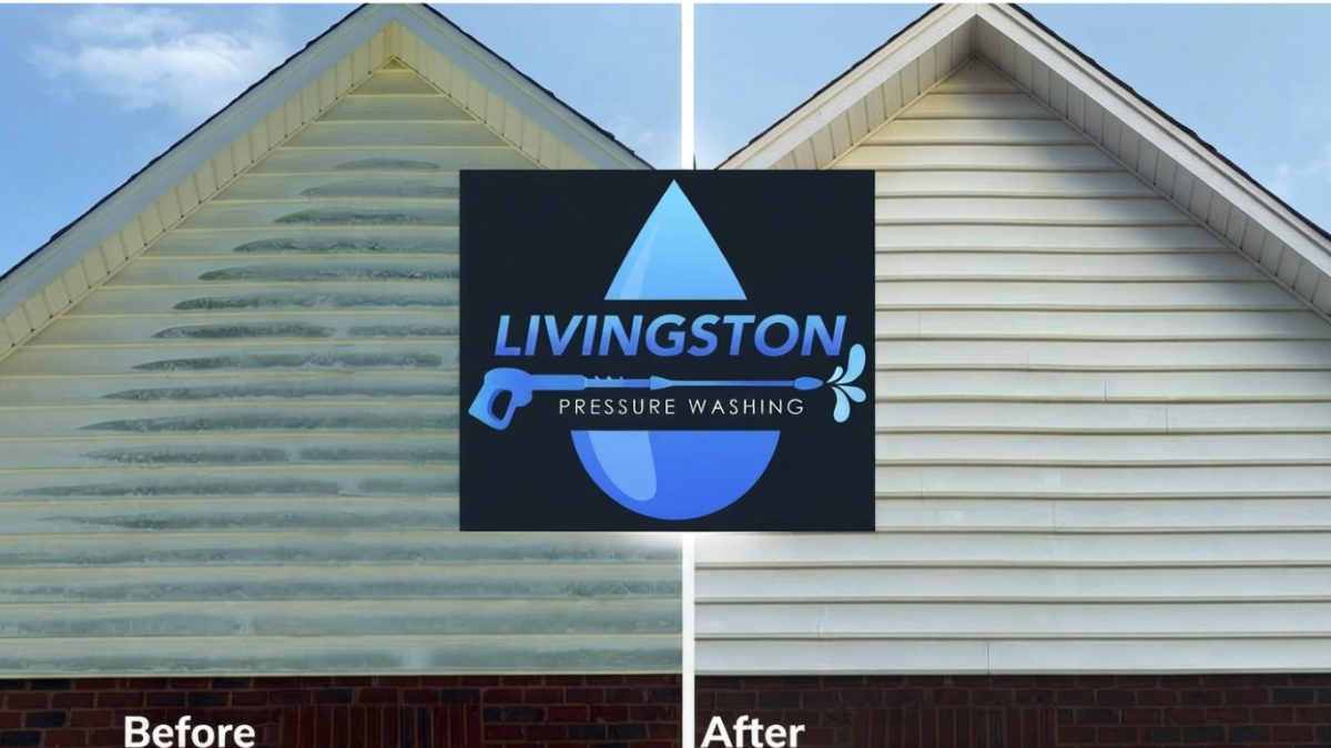 Before and after commercial pressure washing on a retail plaza in Howell MI