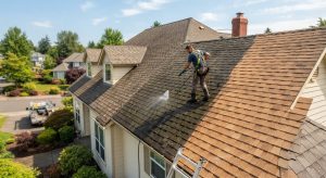 Cleaning solution applied to roof shingles during the 15 to 20 minute dwell time