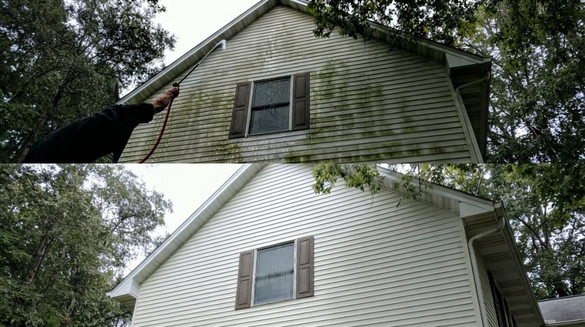 Professional gutter cleaning on a two-story home in Livingston County Michigan