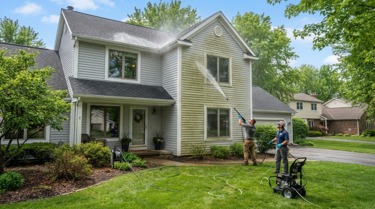 Exterior house washing on a two-story colonial taking 2 to 4 hours in Brighton MI