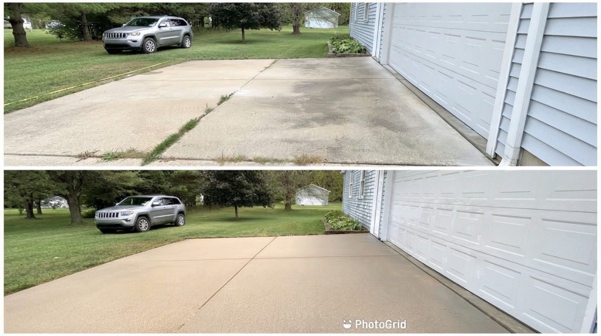 Before and after driveway pressure washing showing clean concrete in Brighton MI