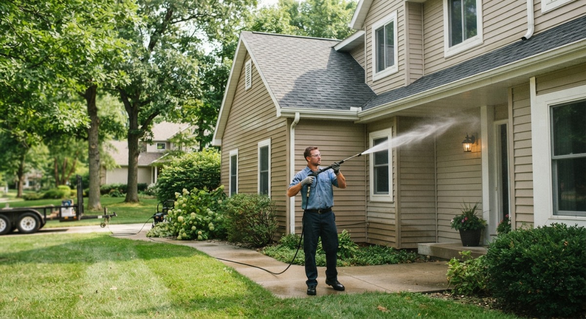 Pressure washing crew working on exterior of a home with windows closed and items moved