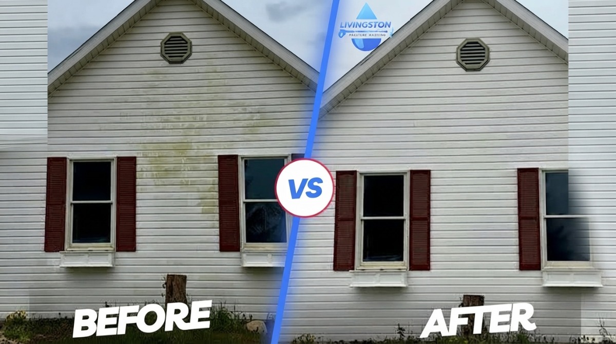 Professional gutter cleaning on a two-story home in Livingston County Michigan