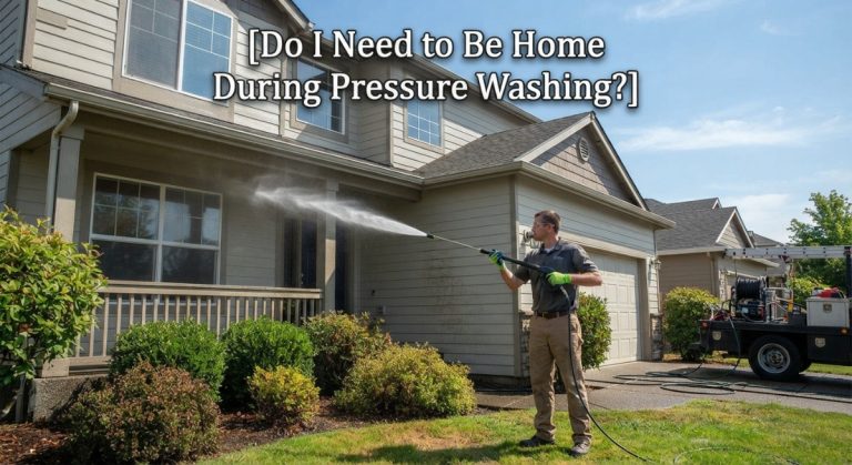 Home exterior being soft washed by a professional crew while the homeowner is away