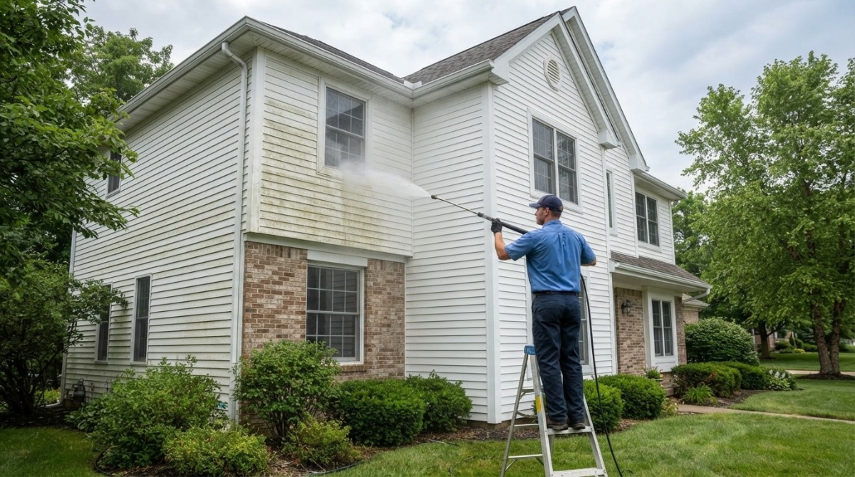 Before and after house wash showing clean siding after algae removal in Hartland MI
