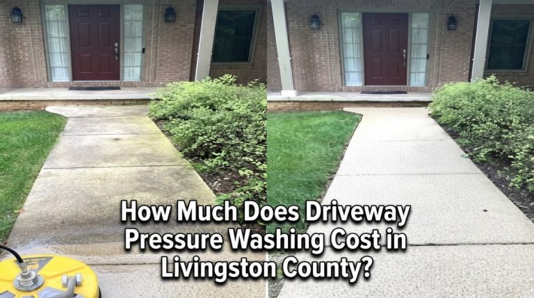 Professional driveway pressure washing on a concrete driveway in Livingston County Michigan