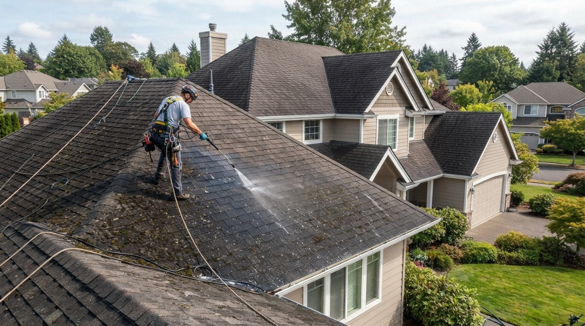 Before and after roof cleaning showing black algae streaks removed from asphalt shingles