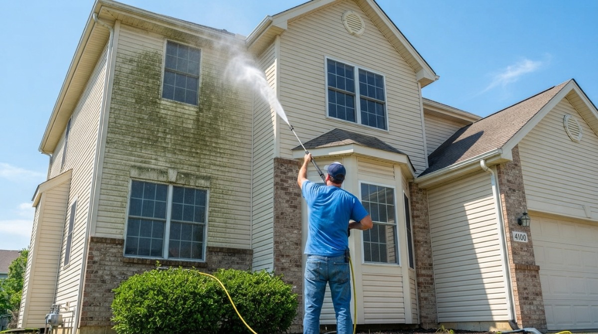 Soft washing vinyl siding with low pressure versus high pressure cleaning method