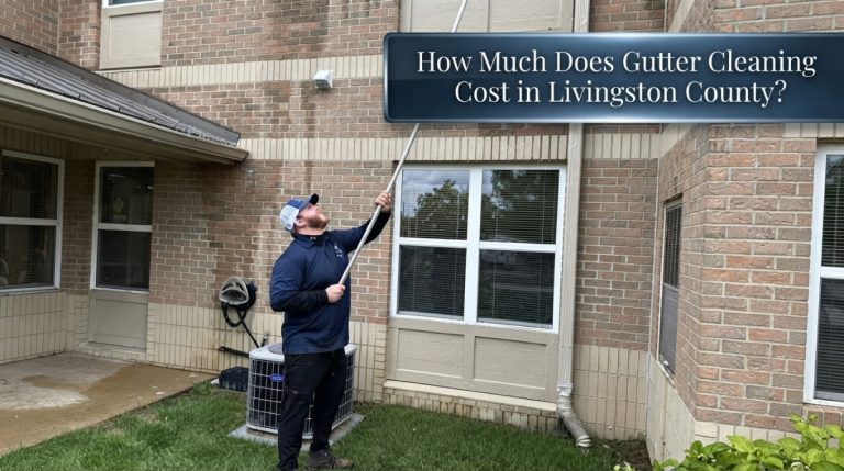 Professional gutter cleaning on a two-story home in Livingston County Michigan