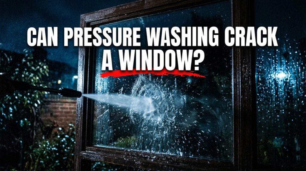 Can pressure washing crack a window? Graphic showing force, temperature changes, and existing glass weakness