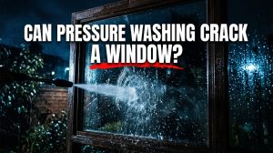 Can pressure washing crack a window? Graphic showing force, temperature changes, and existing glass weakness
