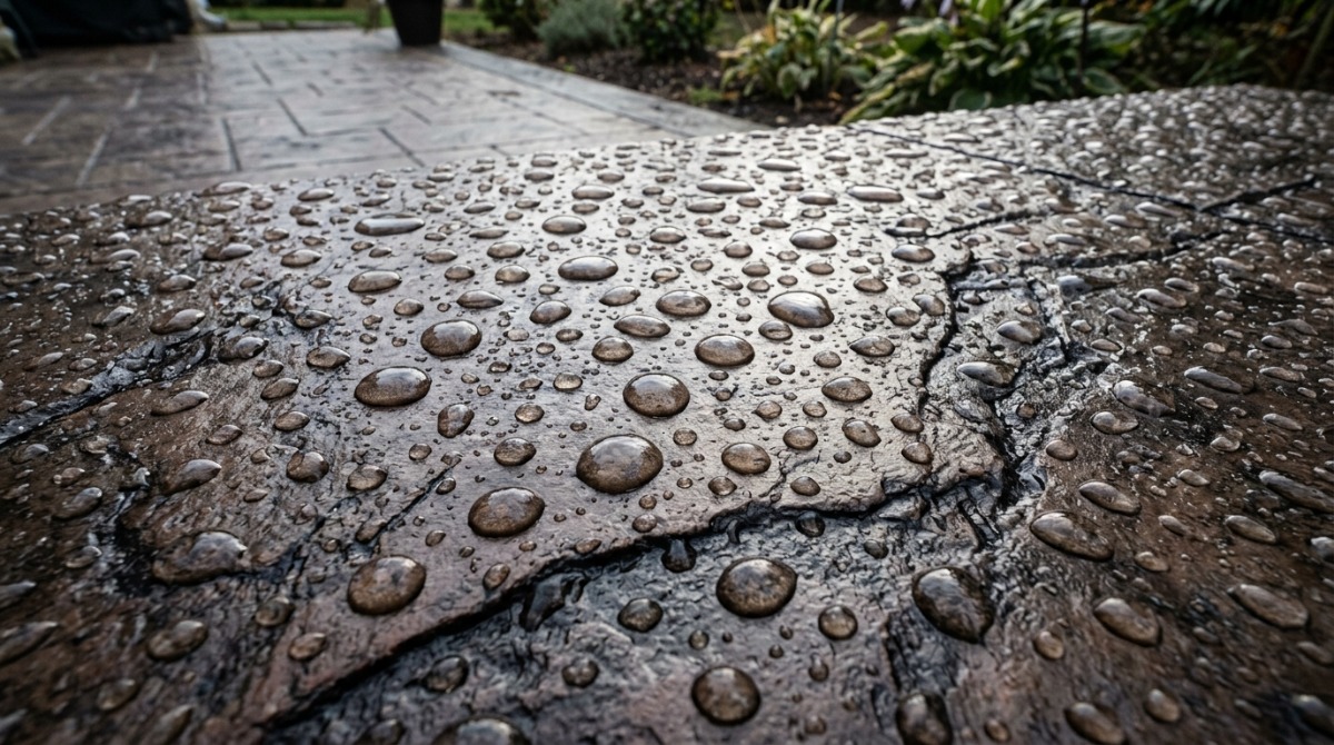Small test area on a stamped concrete patio before cleaning
