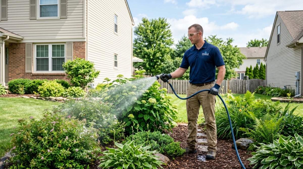 Crew member rinsing shrubs beside a home during a soft wash