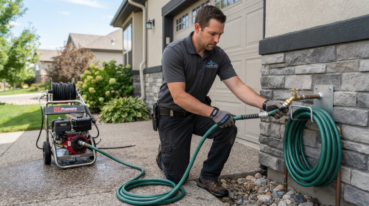 Outdoor water spigot ready for pressure washing hose connection