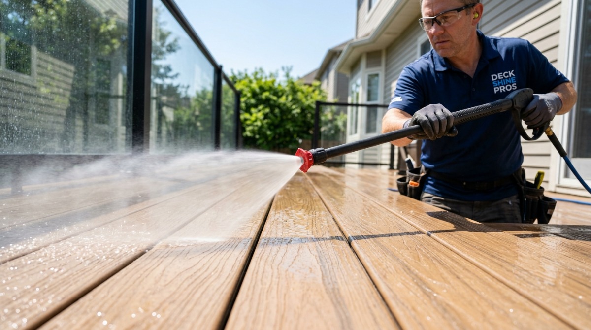 Green mold growing between the boards of a shaded composite deck
