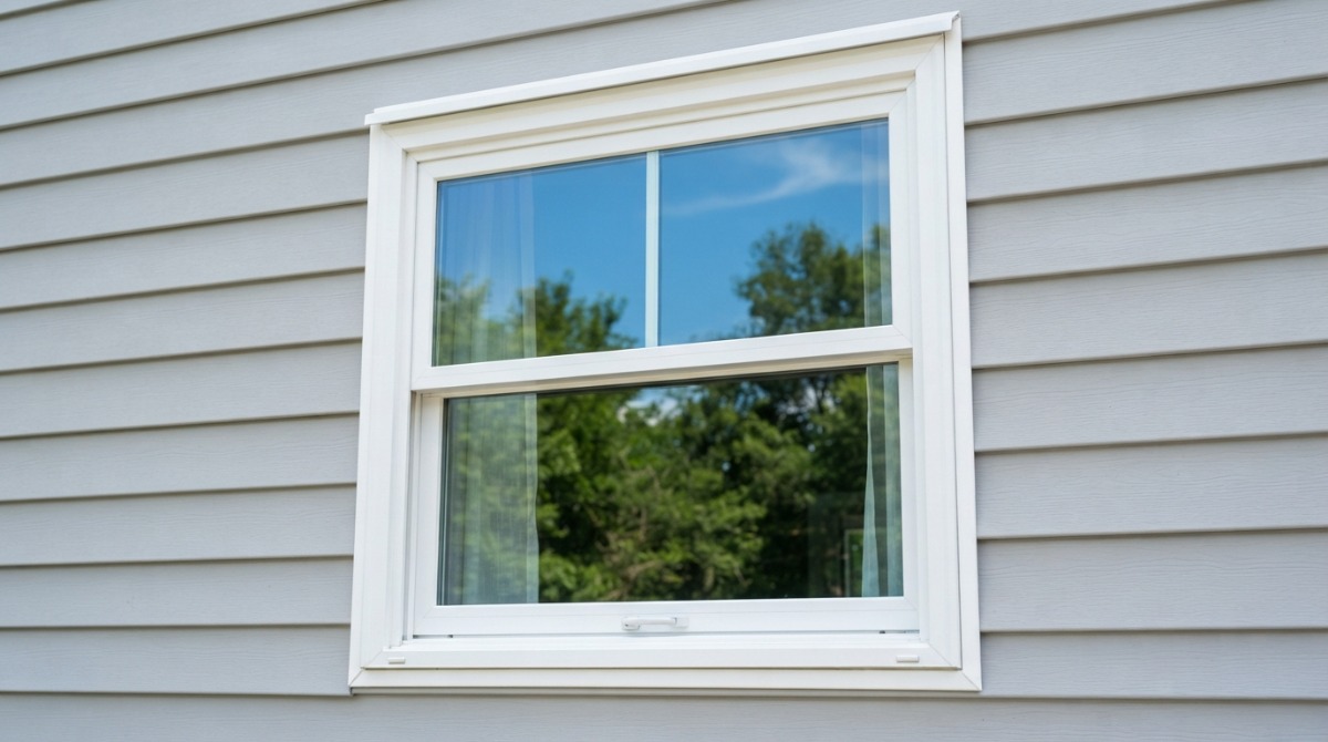 Window screens stacked safely beside a garage before exterior house cleaning
