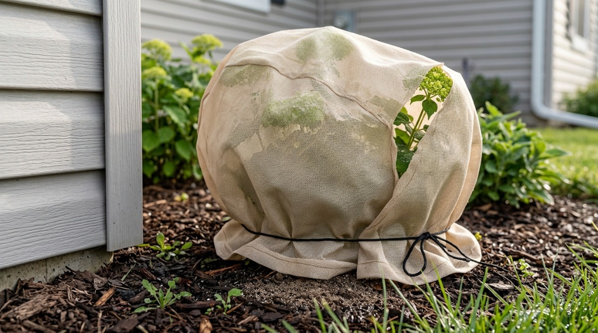 Small shrub protected with a breathable cover during house washing