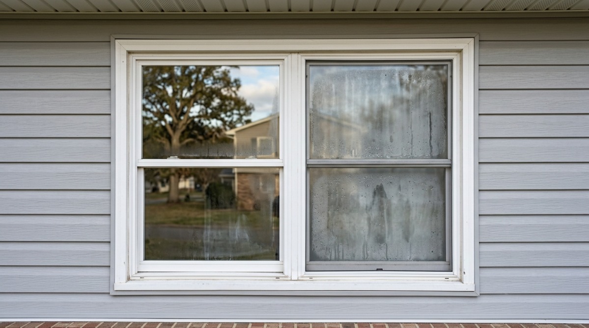 Fog between two panes of glass indicating a failed double-pane window seal