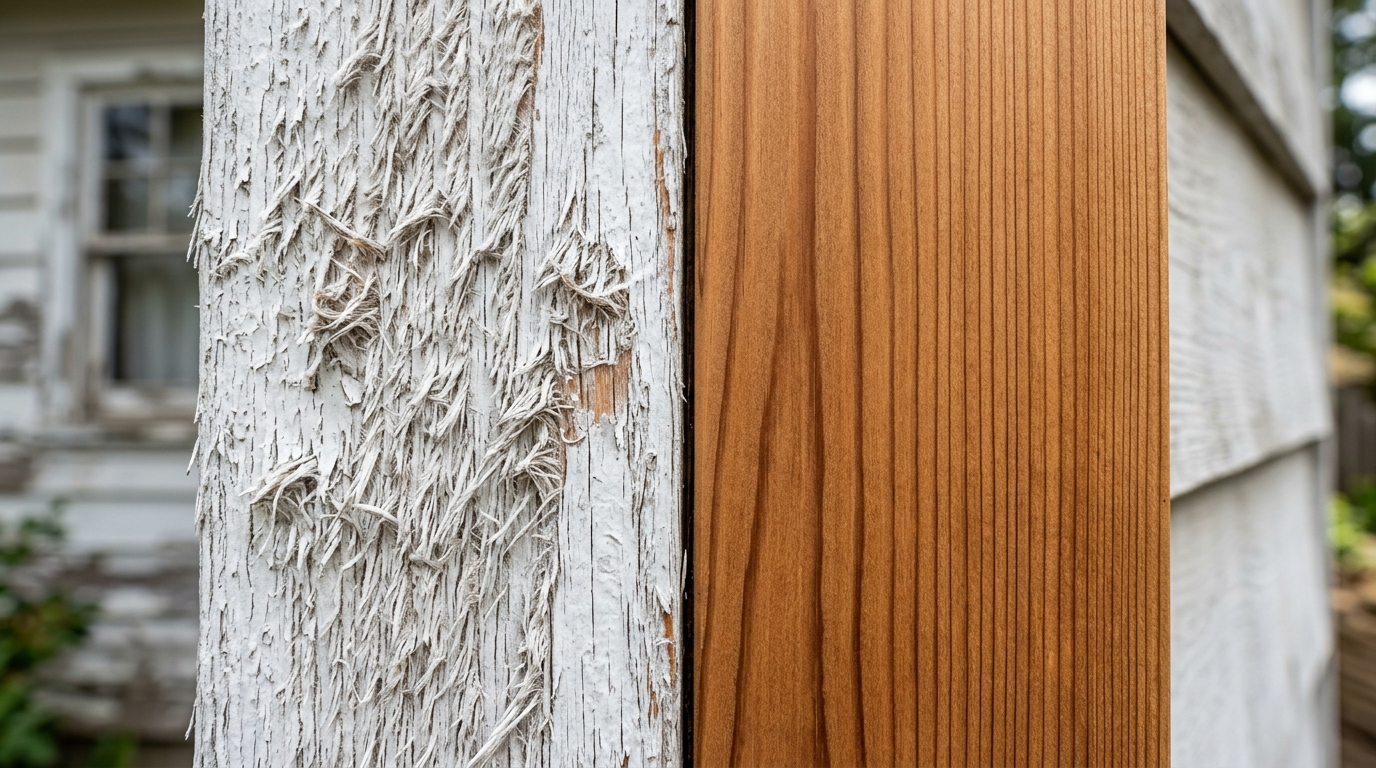 Peeling paint on wood trim that needs repair before pressure washing