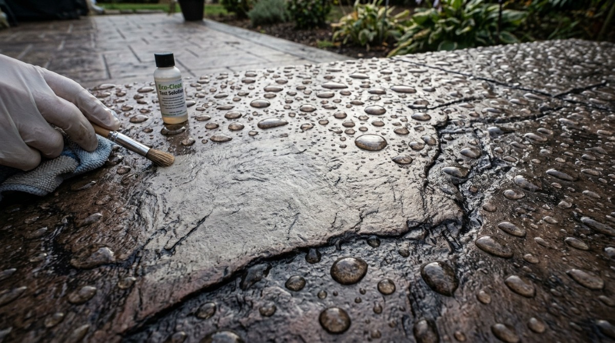 Water beading on sealed stamped concrete to check the condition of the sealer