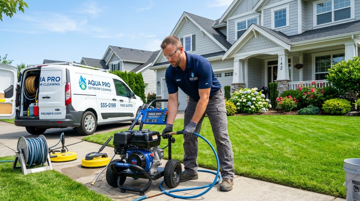 Pressure washing crew connecting a water hose to a spigot before house washing