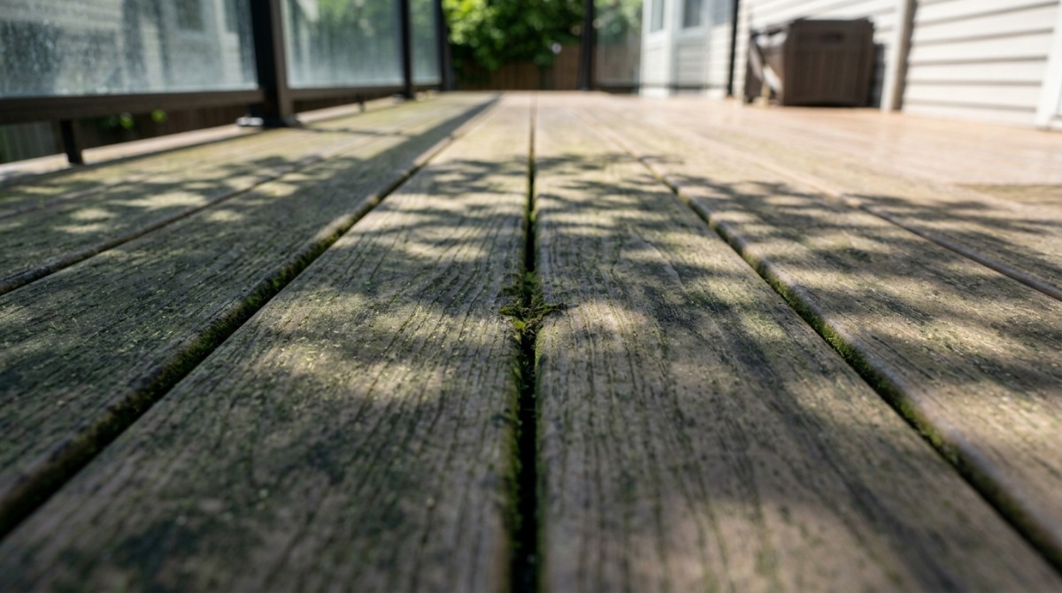 Crew member rinsing composite decking along the grain with a wide fan tip