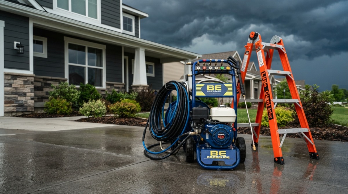 oft washing a house exterior during light rain